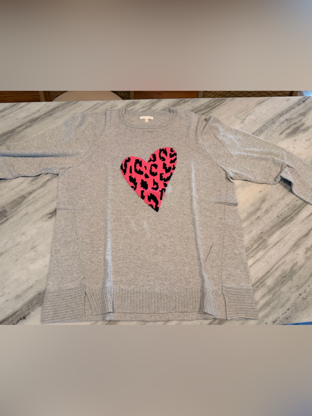 Lisa Todd Gray Crewneck Sweater with Hot Pink Leopard Heart